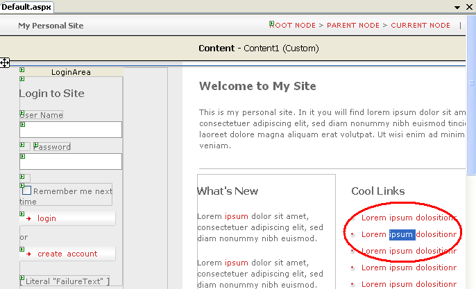 Highlighted text in design view